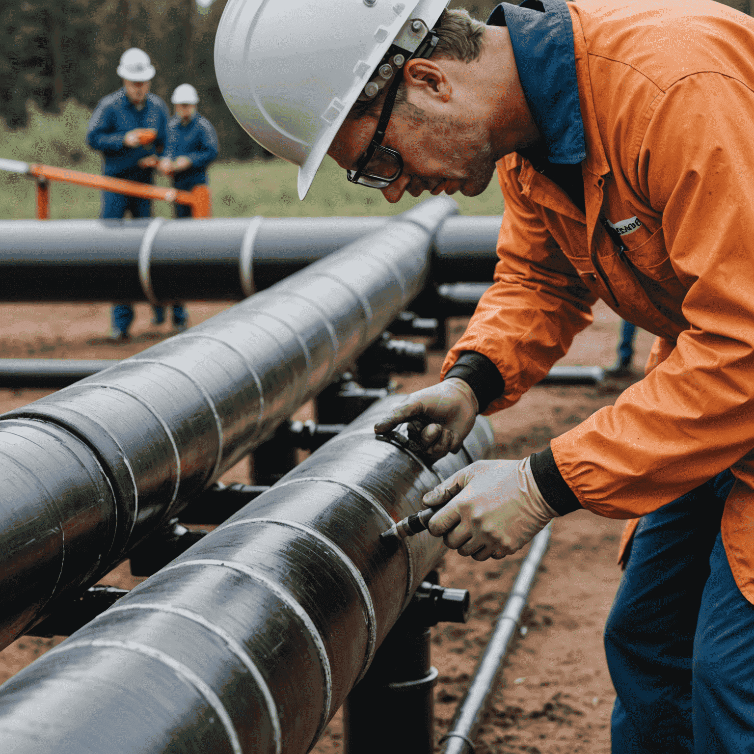 Close-up of a technician applying advanced protective coating to an oil pipeline, with various coating materials and tools nearby