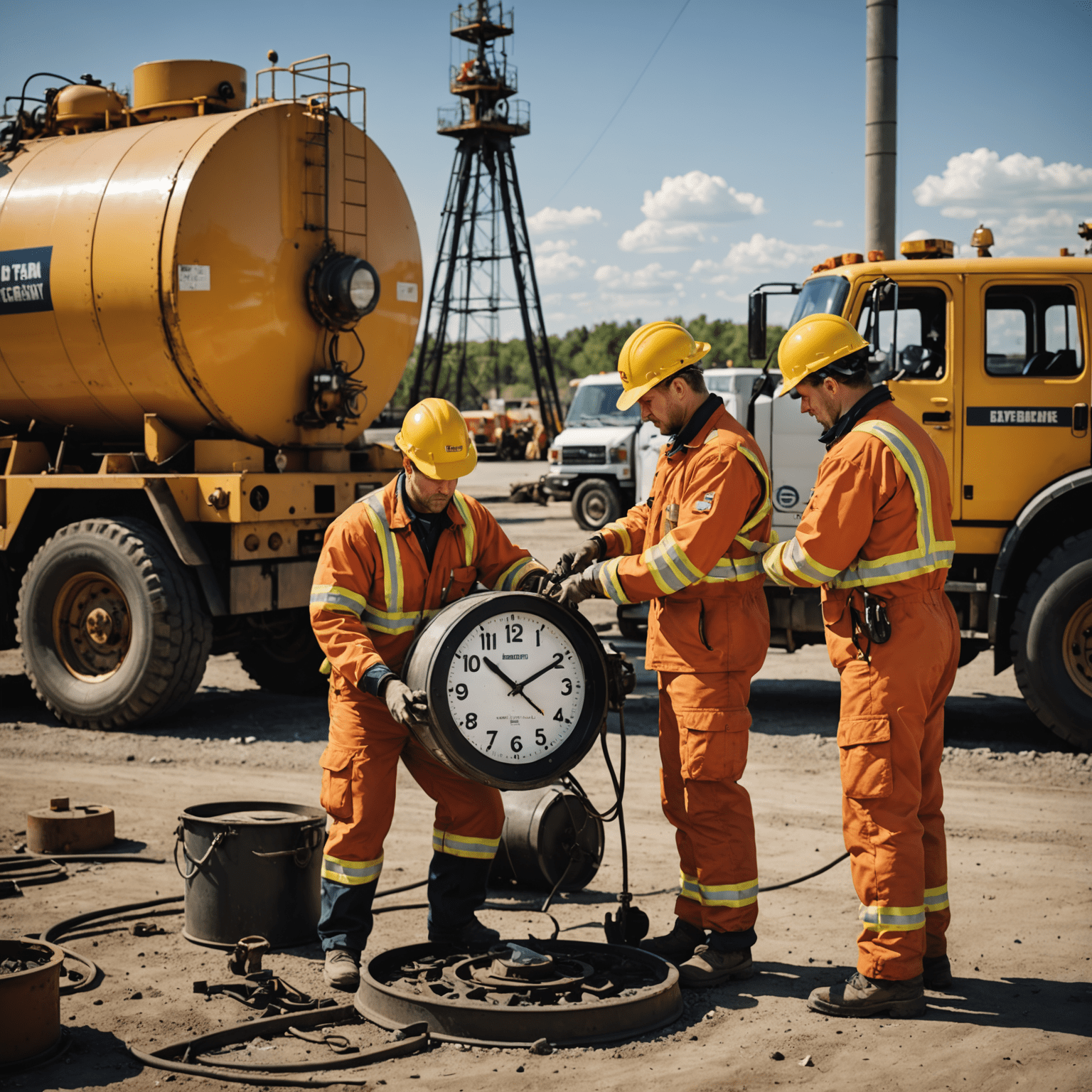 Emergency repair team quickly responding to an oil equipment breakdown, with a clock emphasizing rapid response times