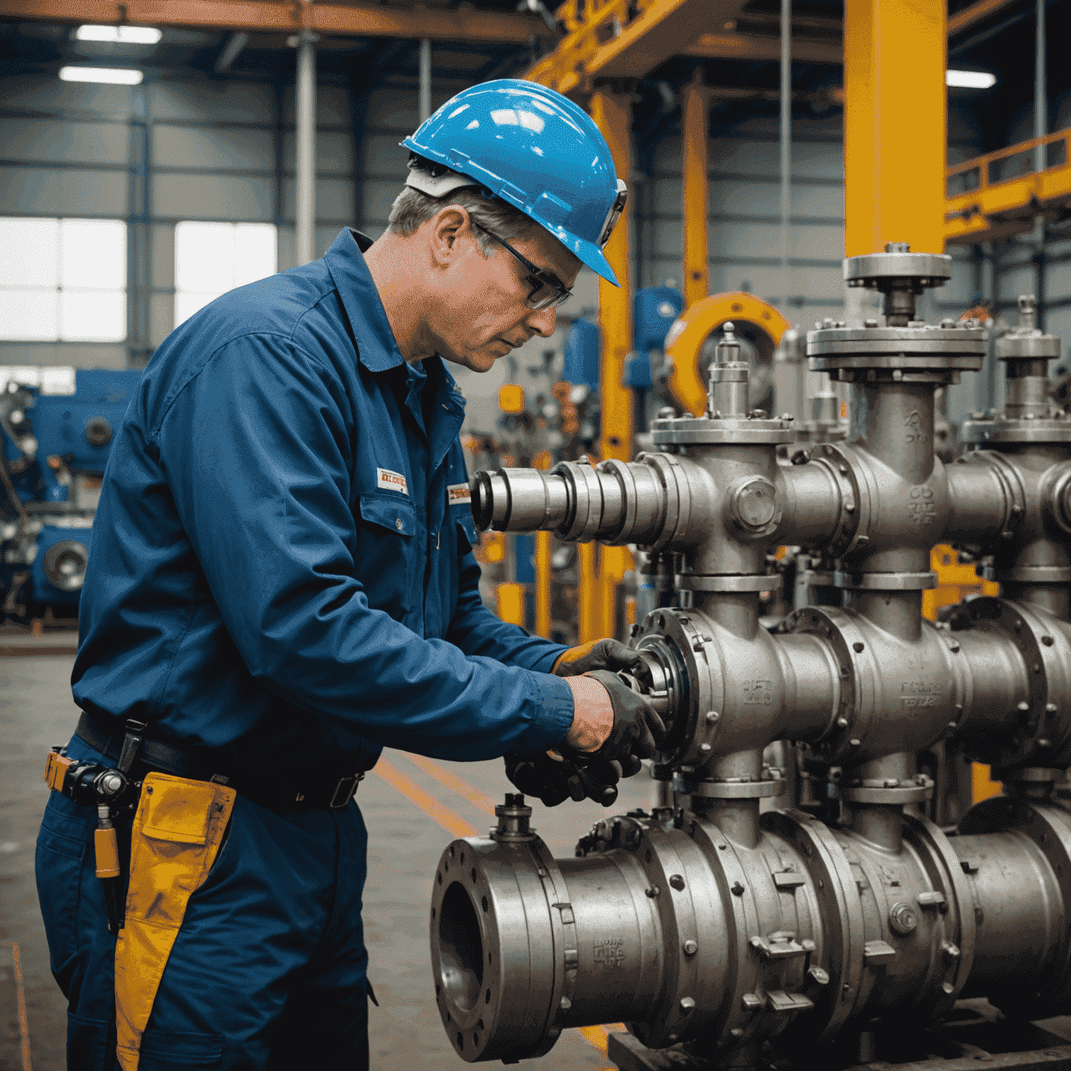 Technician performing precision maintenance on a large industrial valve, with various valve types visible in the background